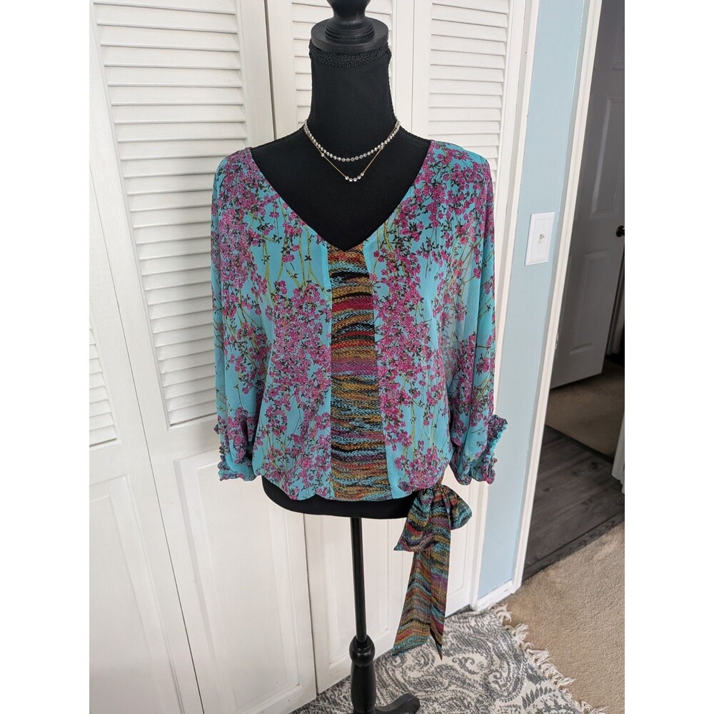Anthropologie Figueroa & Flower Top Women's L Teal Mix Print Chiffon Boho Blouse
